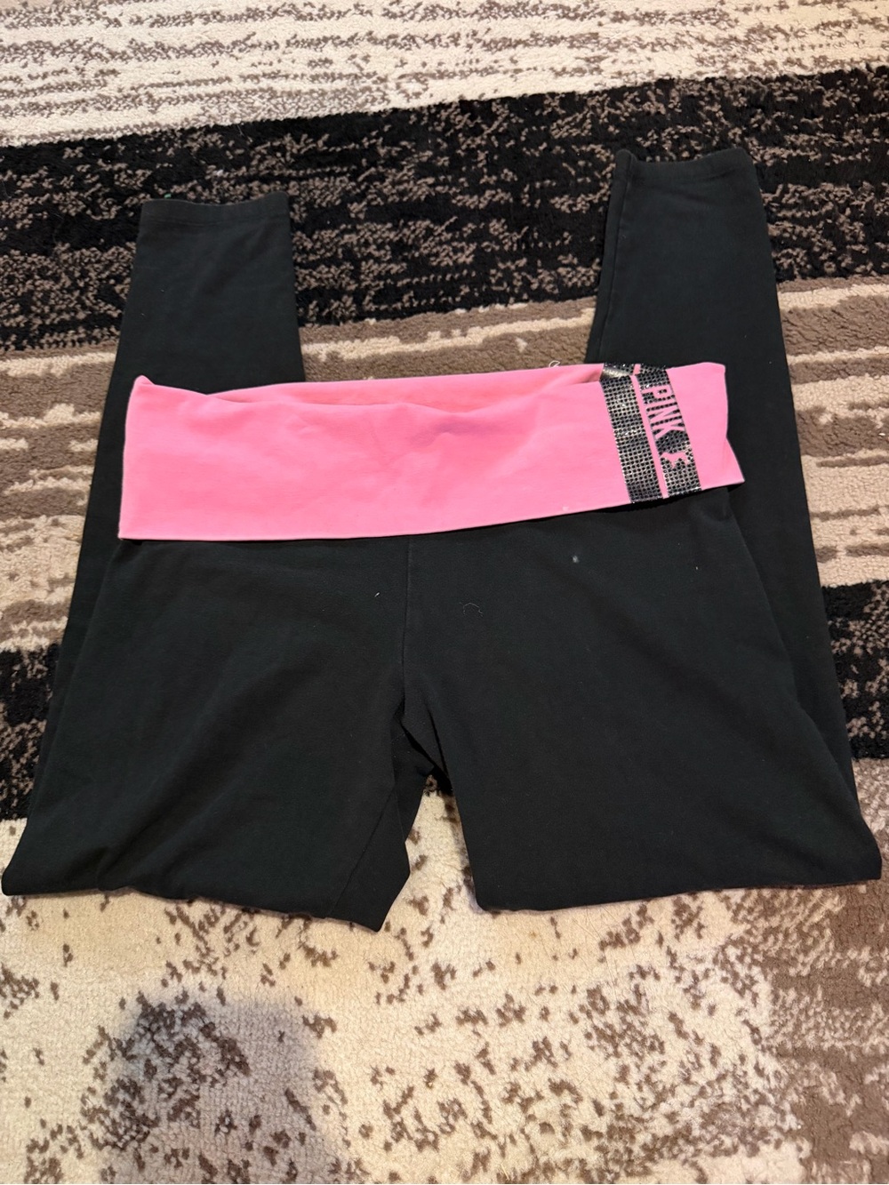 Women’s y2k Victoria's Secret PINK Black Leggings with Pink Fold-Over Waistband